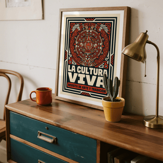 Living room scene with framed Aztec Culture Art Print on a neutral wall