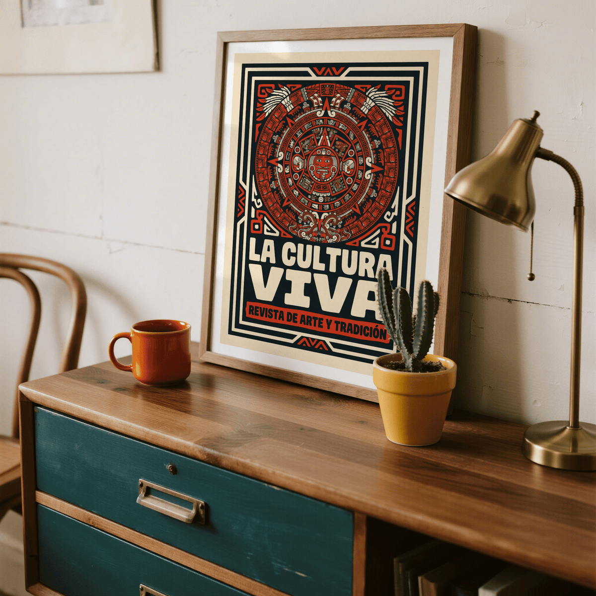 Living room scene with framed Aztec Culture Art Print on a neutral wall