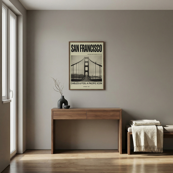 Historic 1937 bridge poster layout with side captions and bold heading