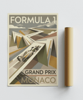 Classic Formula 1 print with streamlined car silhouette and bold lettering