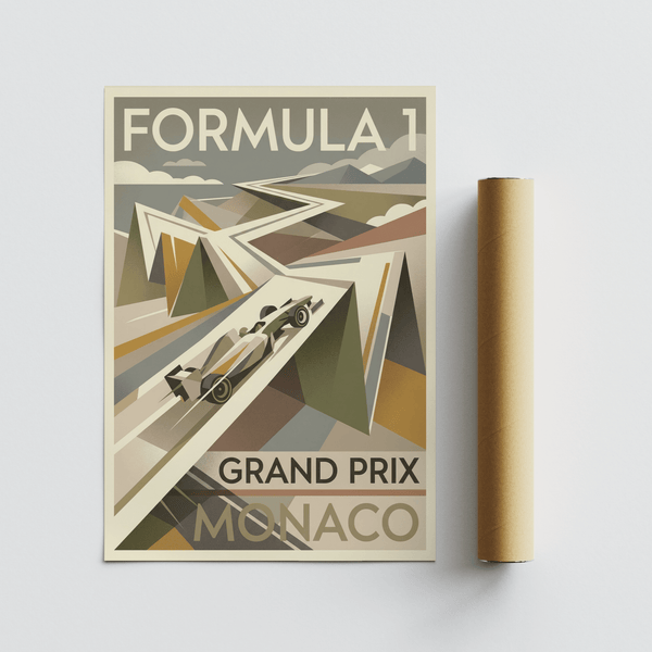 Classic Formula 1 print with streamlined car silhouette and bold lettering
