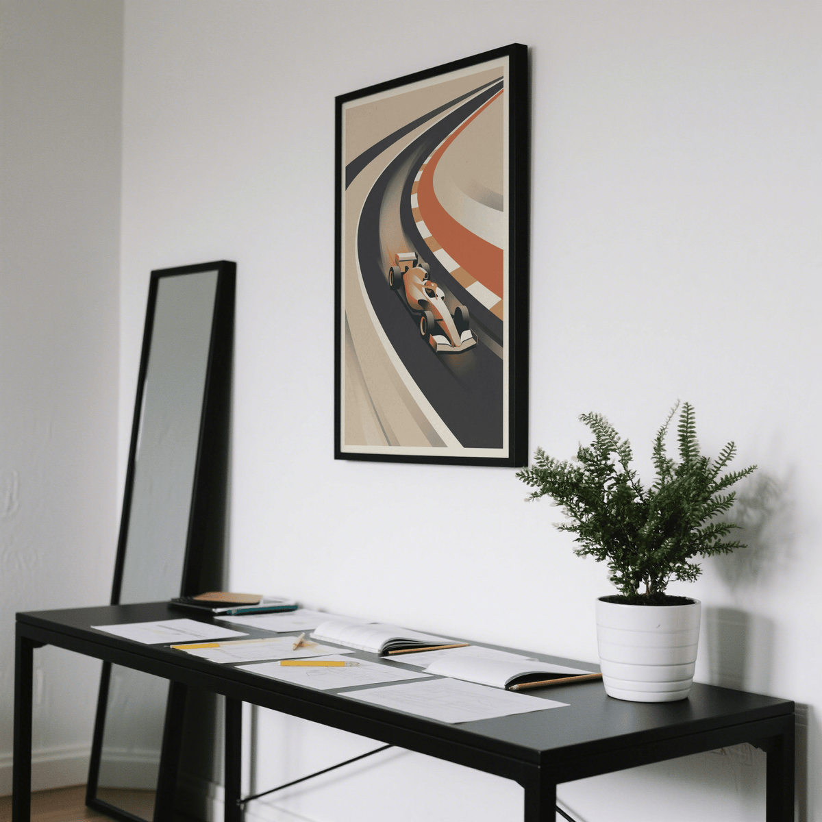 Graphic racing poster print with curved track bands, striped kerb detail, and strong negative space