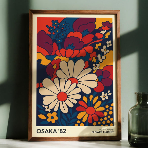Retro wall art prints with 70s-style daisies and bright red poppies