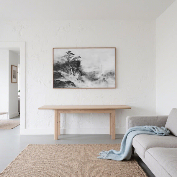 Bold tiger in ink scene with delicate forest below, Asian tiger art.