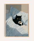 Cat In Bed Poster with blue, white, and black, perfect for bedroom wall art