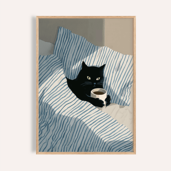 Cat In Bed Poster with blue, white, and black, perfect for bedroom wall art