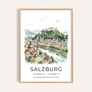 Salzburg City Print watercolor skyline with river boats and hilltop fortress view