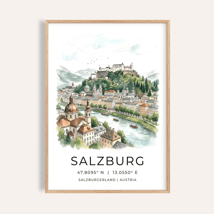 Salzburg City Print watercolor skyline with river boats and hilltop fortress view