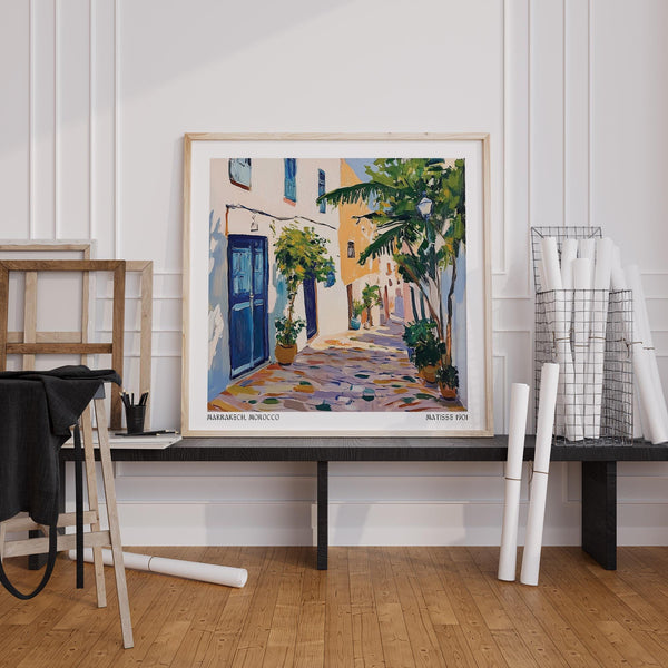 Marrakech street with colorful facades and greenery in Morocco Wall Art.