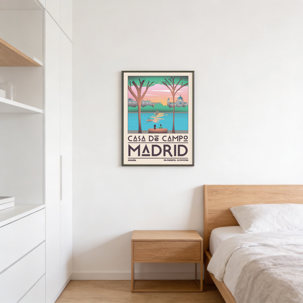 Gradient sky over Casa de Campo in Madrid poster print with simplified architecture