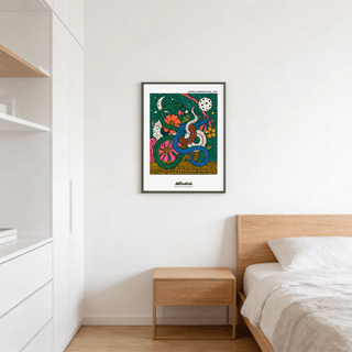 Bottom section of art print poster with dense dot pattern and curling snake tail loops