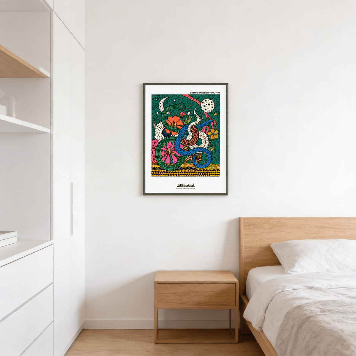 Bottom section of art print poster with dense dot pattern and curling snake tail loops