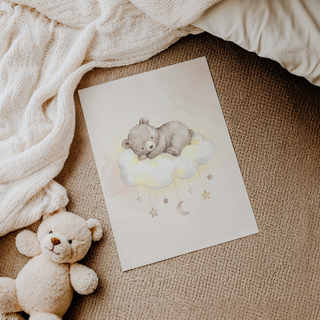 Whimsical baby room poster featuring a bear on a cloud with dangling stars