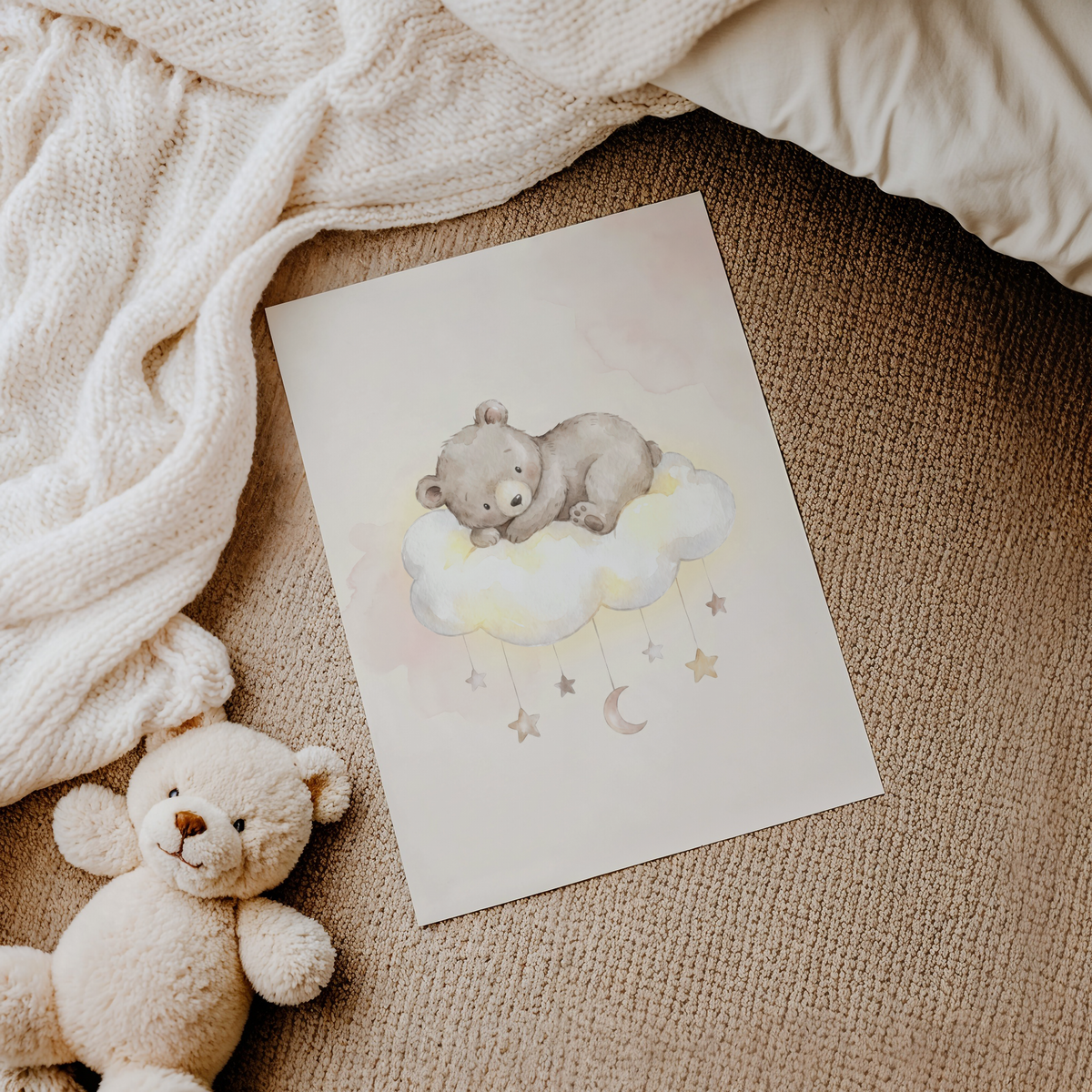 Whimsical baby room poster featuring a bear on a cloud with dangling stars