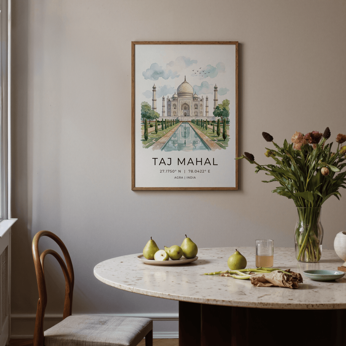 Architectural artwork of Indian landmark with garden axis