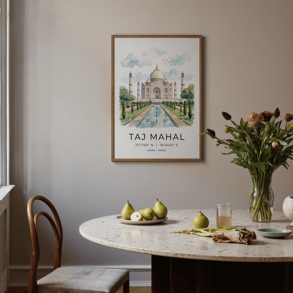 Architectural artwork of Indian landmark with garden axis