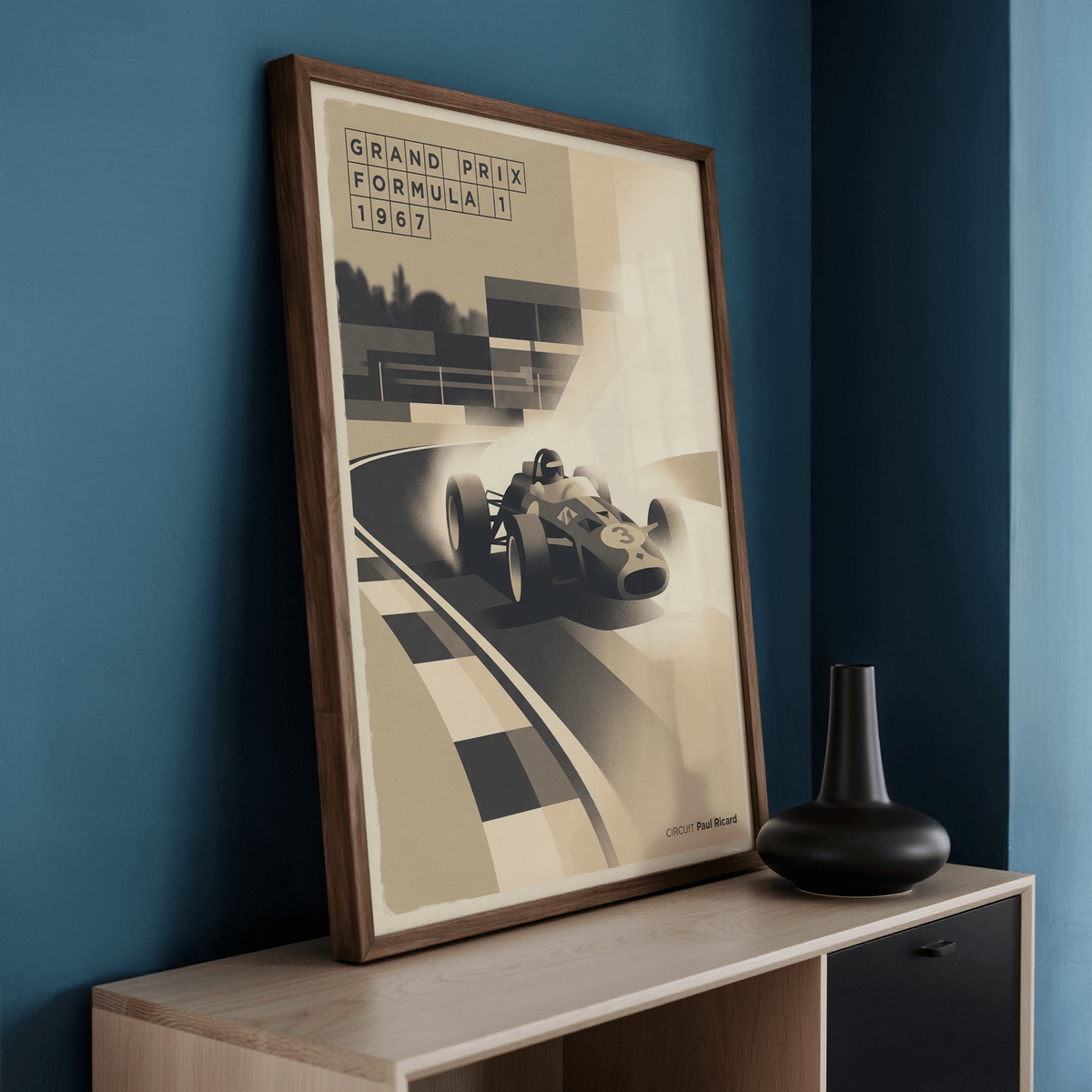 Graphic racing print poster with grid headline text and low-angle car illustration