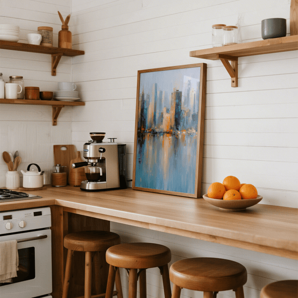 Stylish City Skyline Art Print with vivid blue colors for modern living space