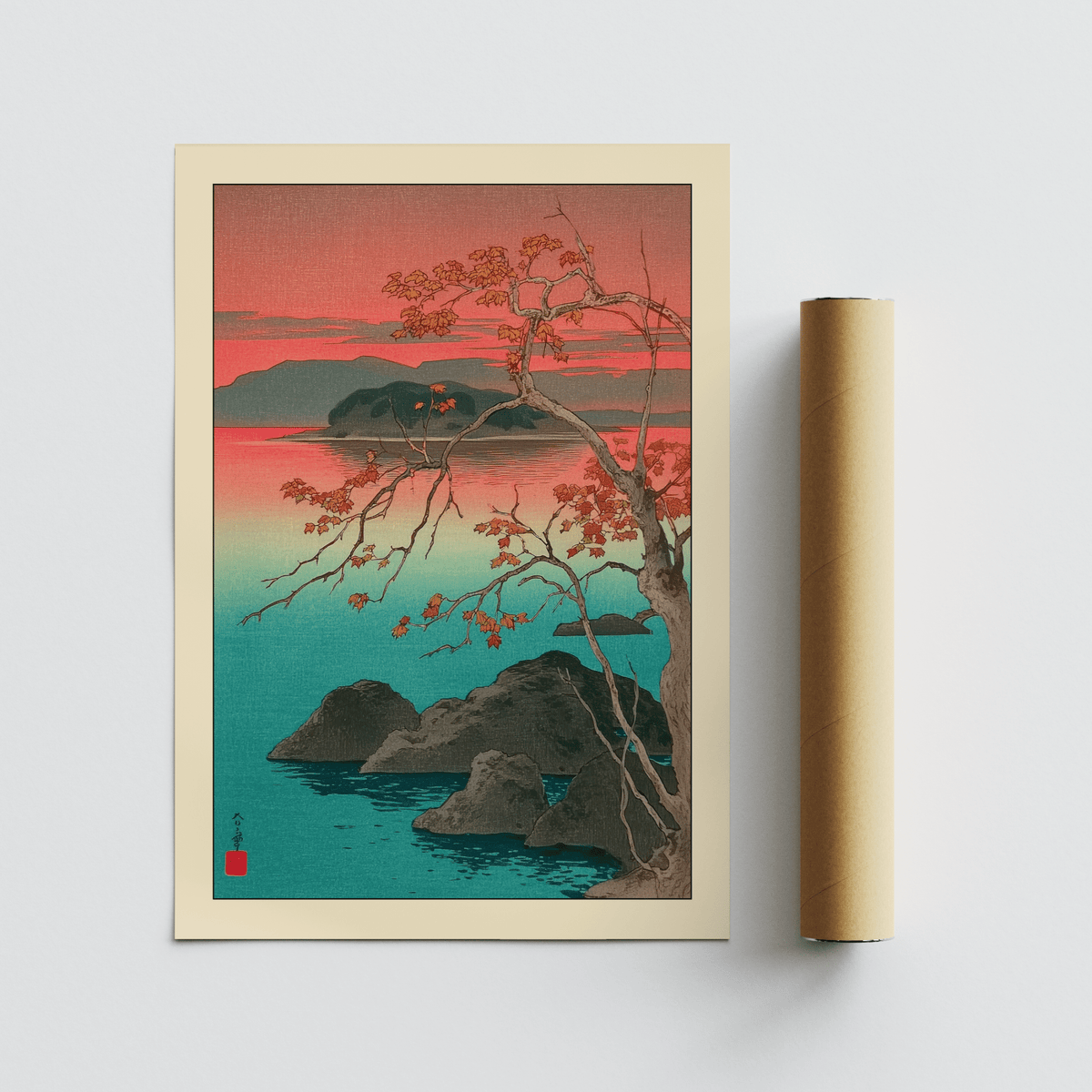 Full artwork view with overhanging maple branch mirrored on calm lake