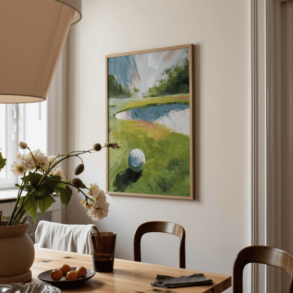 Course scene print with golf ball, sand trap, and horizon trees