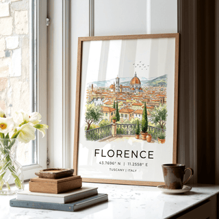 Framed Florence Italy Art Print with terrace railing foreground