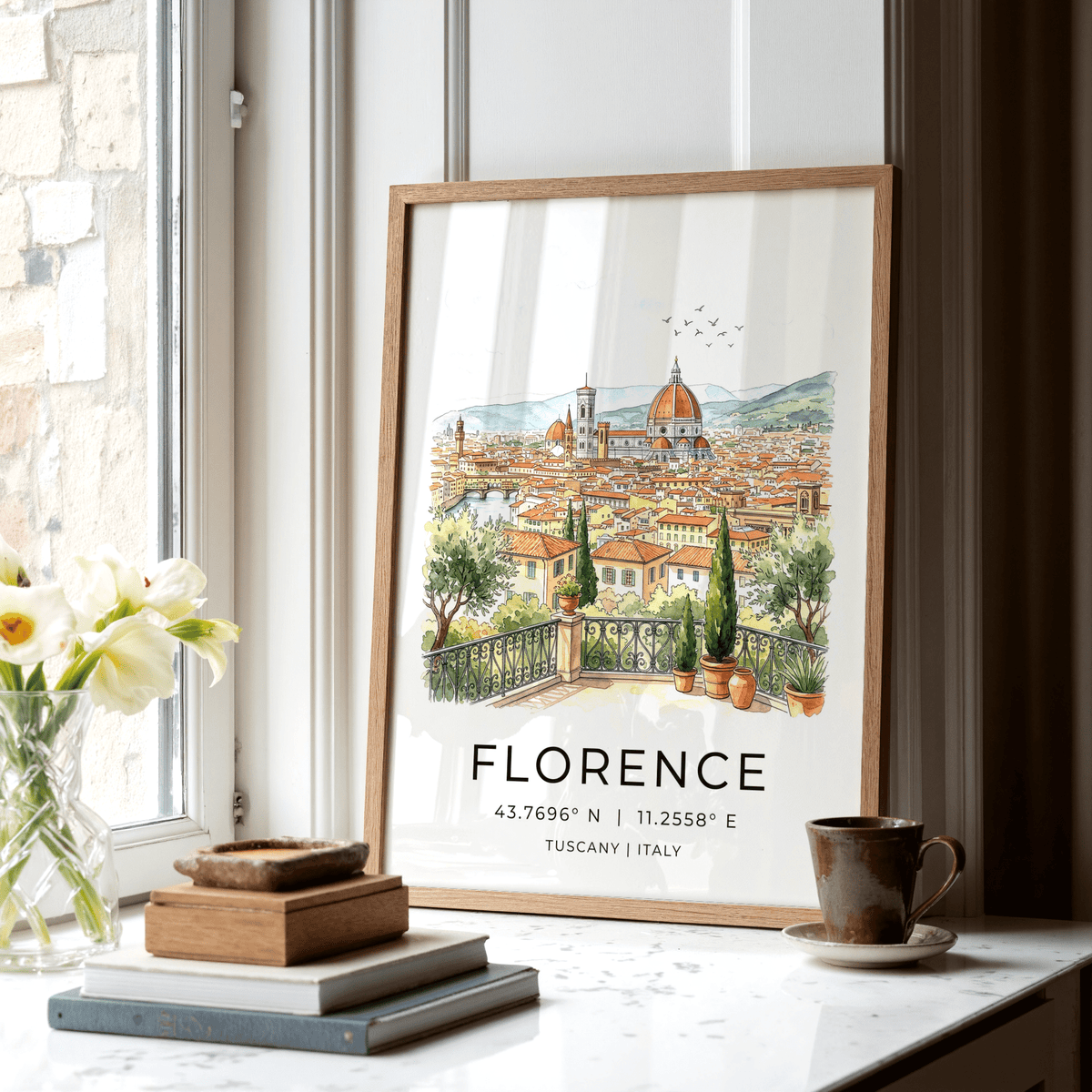 Framed Florence Italy Art Print with terrace railing foreground