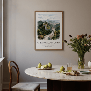 Minimalist poster art featuring layered mountains and bird silhouettes