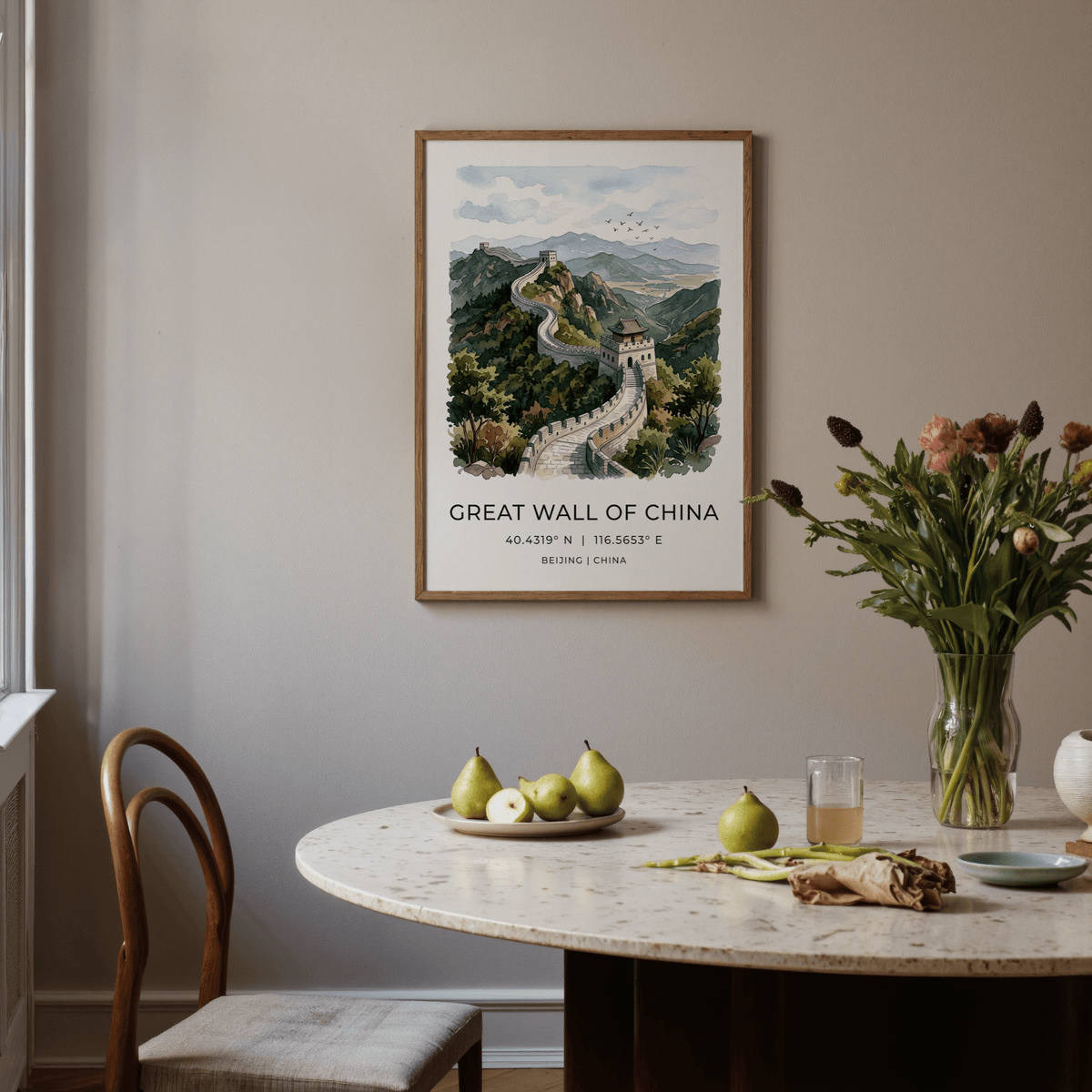 Minimalist poster art featuring layered mountains and bird silhouettes