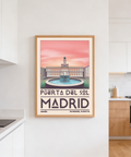 Vintage-style Madrid Landmark Art Print featuring Puerta del Sol lettering and architectural facade