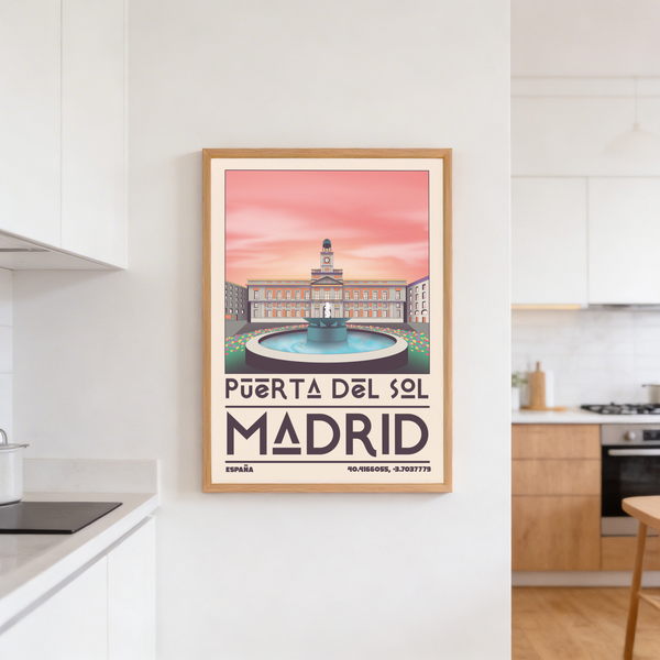 Vintage-style Madrid Landmark Art Print featuring Puerta del Sol lettering and architectural facade