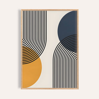 Framed Bauhaus Abstract Art Print with curved black lines and mustard and navy circles