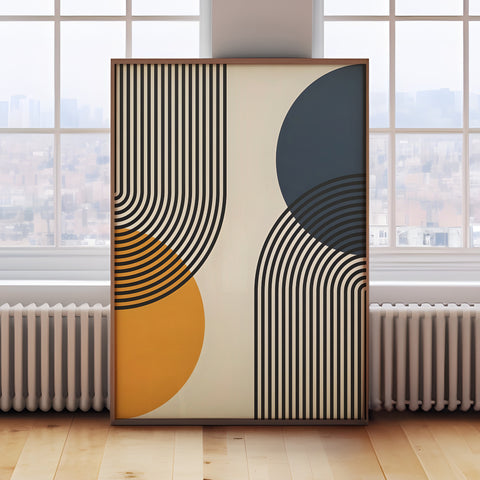 Minimalist Bauhaus-inspired geometric print with arches and circles, perfect for trendy interiors