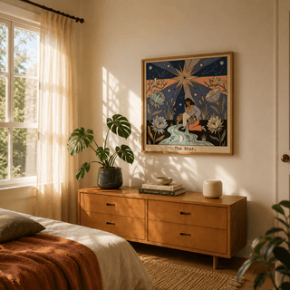 Floral tarot wall art print featuring large blossoms, reeds, and a central star motif