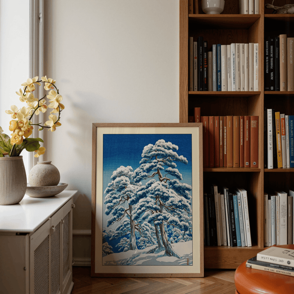 Close-up detail of snowy pine branch texture on Japanese woodblock-style print