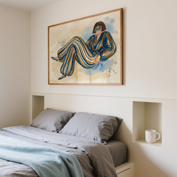 Modern Female Illustration art print in Blue, Orange for cozy reading nook