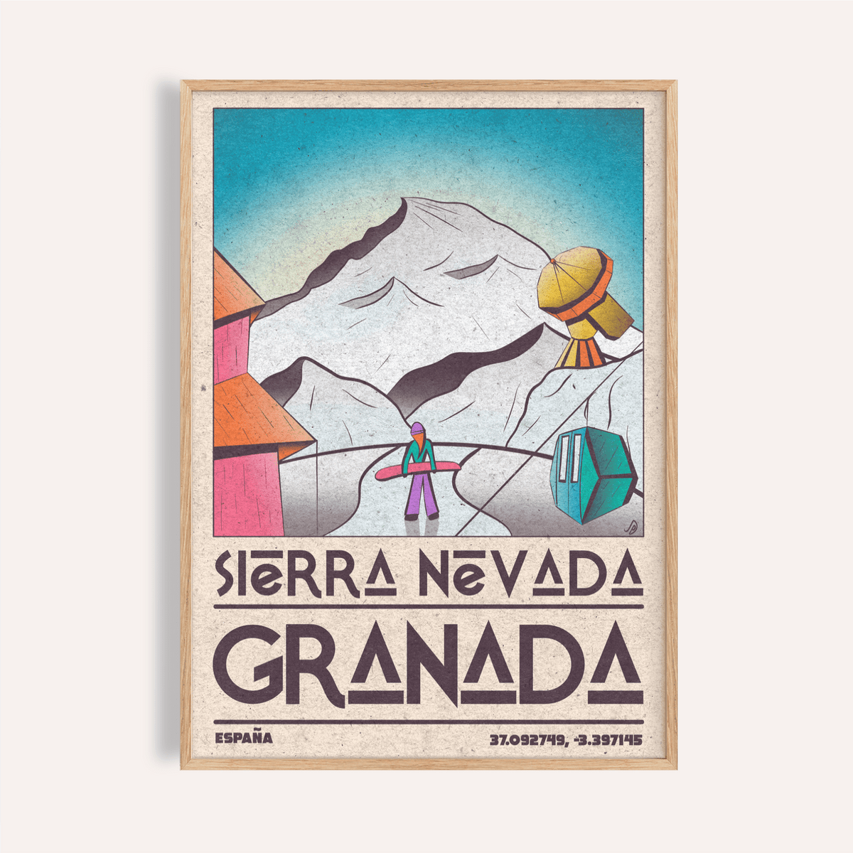 Sierra Nevada Art Print hanging in living room with snowy mountain and ski gondola