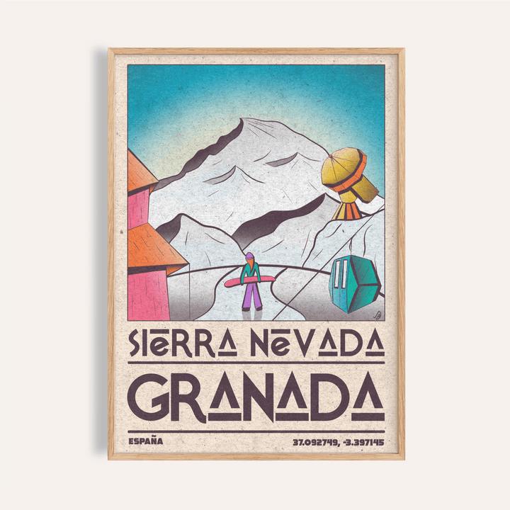 Sierra Nevada Art Print hanging in living room with snowy mountain and ski gondola