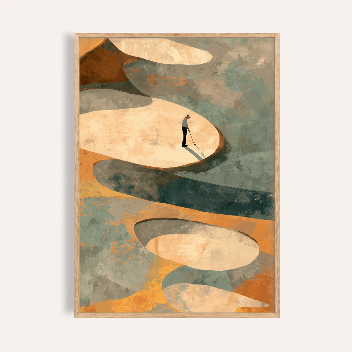 Abstract Golf Art Print showing lone golfer silhouette on pale bunker