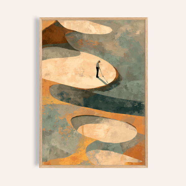 Abstract Golf Art Print showing lone golfer silhouette on pale bunker