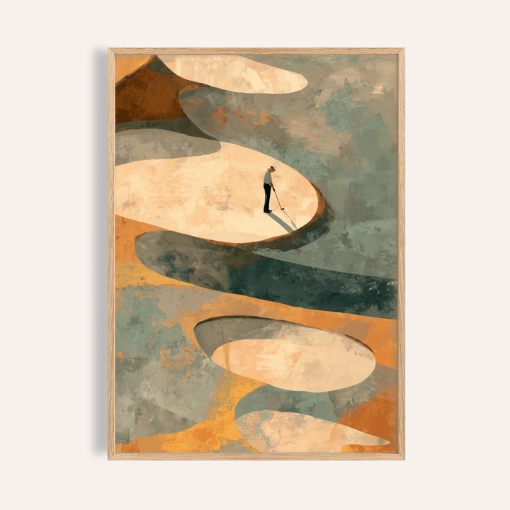 Abstract Golf Art Print showing lone golfer silhouette on pale bunker