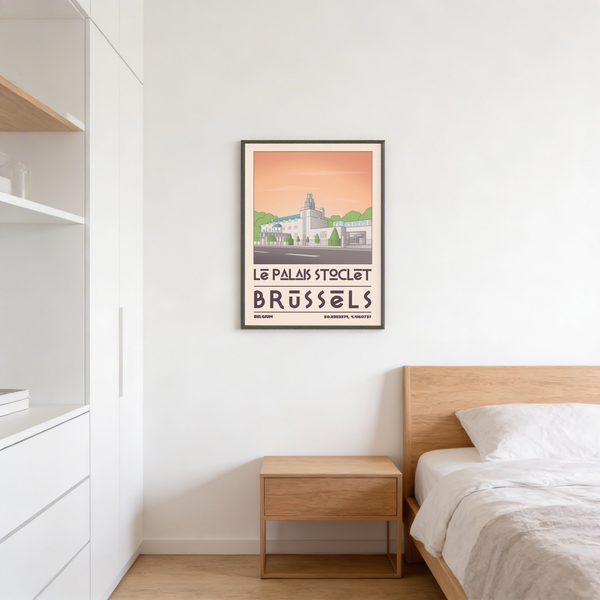 Sky gradient behind Belgian landmark in travel style architecture print