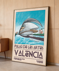 Graphic travel poster wall art with futuristic Valencia landmark, city blocks, and coordinate text