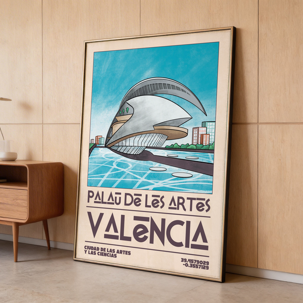 Graphic travel poster wall art with futuristic Valencia landmark, city blocks, and coordinate text