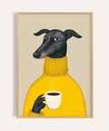 Illustrative Dog Wall Art in yellow, black, and beige for living room print
