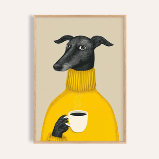 Illustrative Dog Wall Art in yellow, black, and beige for living room print