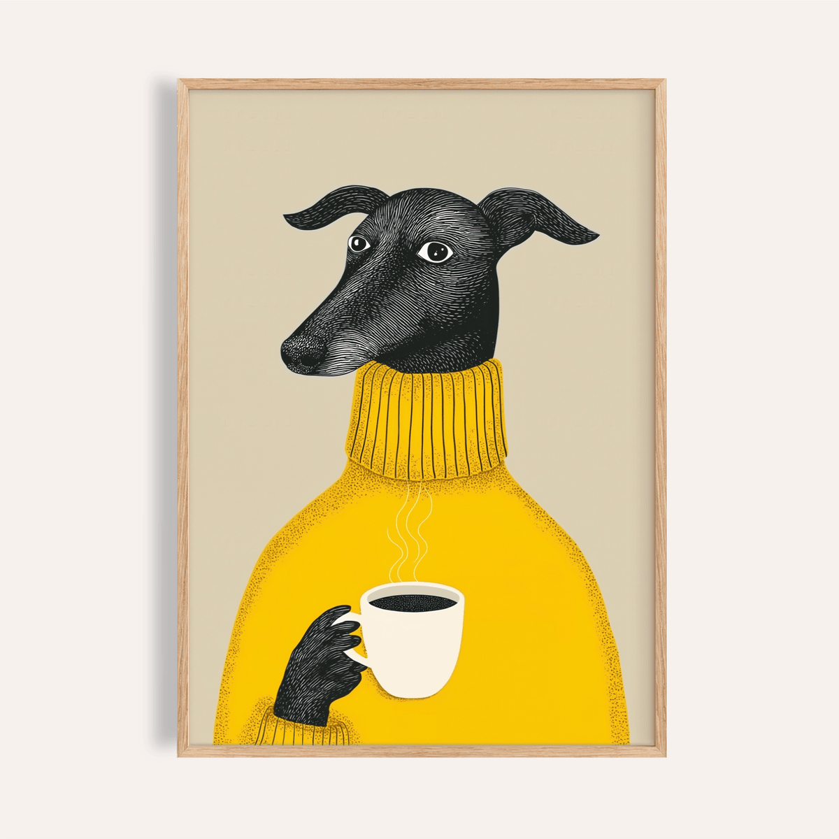Illustrative Dog Wall Art in yellow, black, and beige for living room print