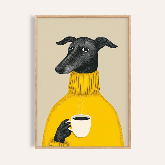Illustrative Dog Wall Art in yellow, black, and beige for living room print
