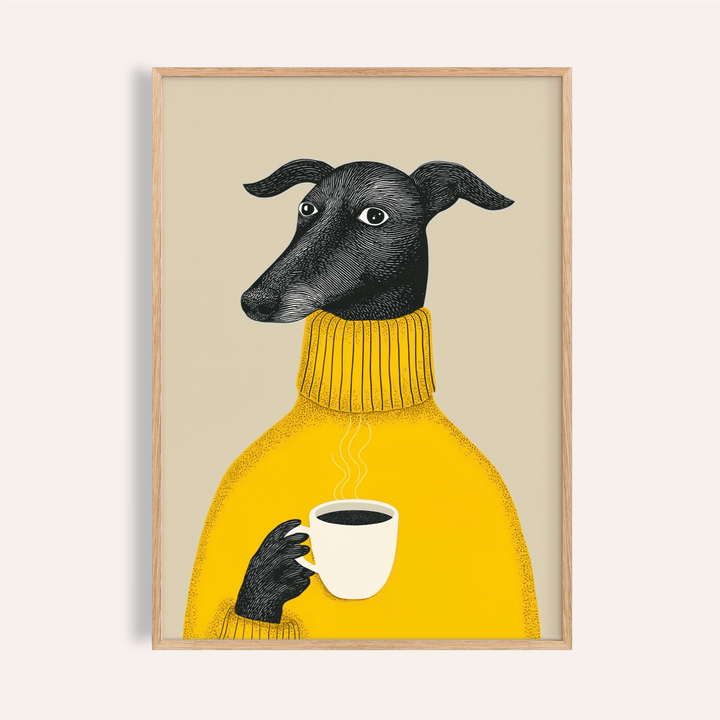 Illustrative Dog Wall Art in yellow, black, and beige for living room print