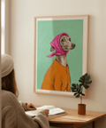 Modern Greyhound Poster with pink scarf, green background for kitchen wall