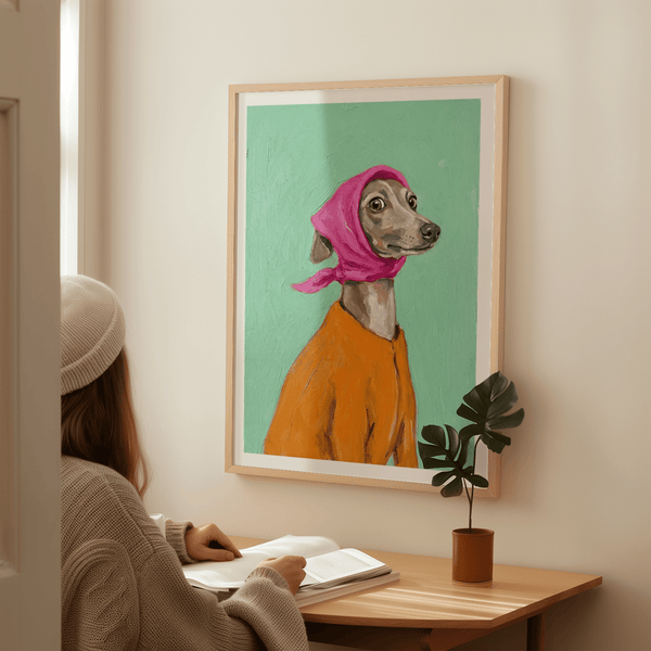 Modern Greyhound Poster with pink scarf, green background for kitchen wall